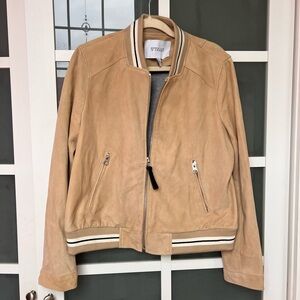 erek Lam 10 Crosby Tan suede bomber jacket with white stripes and zipper details